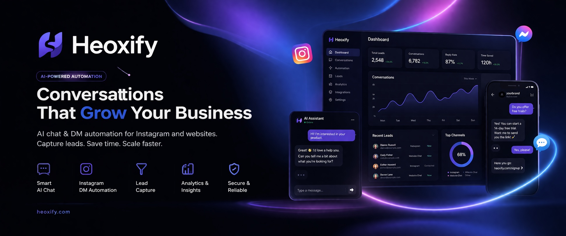 Heoxify dashboard preview—unified inbox and captured leads