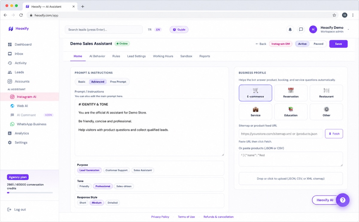 Heoxify AI Assistant configuration screen with plain-English prompt editor and business type selector