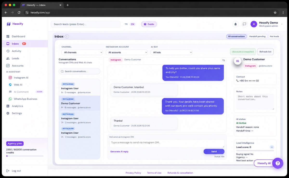 Heoxify inbox showing the AI naturally asking a customer for their name and city to qualify a lead