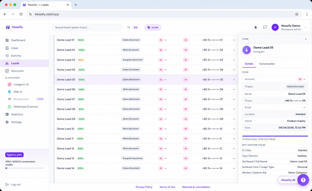 Heoxify leads table with completion scores and a structured lead detail panel